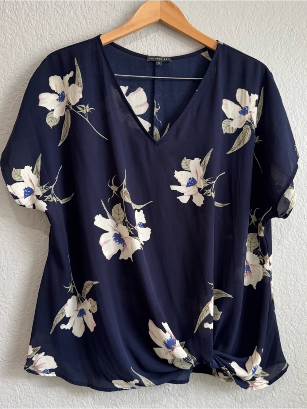 West Kei Navy Floral V-Neck Knot Front Blouse